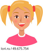 Positive face expression of young woman. Girl with emotion of happiness, joy. Cheerful, joyful face of female character. Happy smiling lady vector illustration. Expressing human emotion concept. Positive face expression of young woman. Cheerful, joyful girl with emotion of happiness, joy. Стоковая иллюстрация, агентство Ingram Publishing / Фотобанк Лори