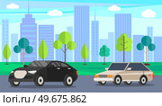 Set of modes of transport and machine shapes. Cars of different types with tinted glass in background of landscape of nature or city. Crossover, hatchback, pickup vehicle is riding in autumn park. Cars of different types with tinted glass in background of landscape of nature in autumn park. Стоковая иллюстрация, агентство Ingram Publishing / Фотобанк Лори