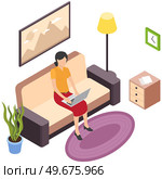 Woman sitting at home on comfortable couch communicate with computer, browsing or working on laptop at her laps. Flat style interior living room. Freelance, online education or social media concept. Woman sitting at home on comfortable couch with computer, browsing or working on laptop at her laps. Стоковая иллюстрация, агентство Ingram Publishing / Фотобанк Лори