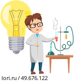 Scientist conducting research near light bulb. Chemical or medical experiment. Man works with substances in test tubes. Coupling reagents for chemical reaction. Laboratory research with flasks. Scientist conducting research near light bulb. Chemical or medical experiment with reagents. Стоковая иллюстрация, агентство Ingram Publishing / Фотобанк Лори