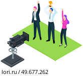 Process of filming concept. Shooting scene with people celebrating victory for movie about business. Working on making film, video creation using camera. Actors play role, rejoice at winning, success. Process of filming concept. Shooting scene with people celebrating victory for movie about business. Стоковая иллюстрация, агентство Ingram Publishing / Фотобанк Лори