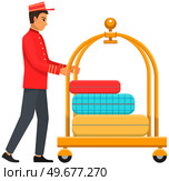 Bellboy worker with hotel baggage trolley. Handtruck for transportation of luggage. Hotel employee in uniform during work. Young man working as doorman. Doorkeeper, receptionist, porter illustration. Bellboy worker with hotel baggage trolley. Hotel employee, doorman in uniform during work. Стоковая иллюстрация, агентство Ingram Publishing / Фотобанк Лори