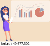 Woman looking at statistics diagram. Businesswoman analysing report with statistical indicators. Girl examines results of analysis. Personal investment, finance, funding, capital accumulation concept. Woman analysing report with statistical indicators. Lady examines results of investment analysis. Стоковая иллюстрация, агентство Ingram Publishing / Фотобанк Лори