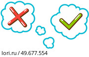 Set of check mark paper icon, ok and cancel sketch. Signs of agreement and disagreement. Red cross and green check mark in speech bubbles. Stickers for communication, virtual talking symbols. Signs of agreement and disagreement. Red cross and green check mark symbols in speech bubbles. Стоковая иллюстрация, агентство Ingram Publishing / Фотобанк Лори