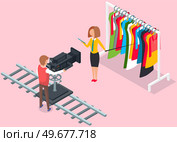 Advertising video production. Film crew creating professional advertisement of new collection of womens clothing. Videography, tv commercial promotion. Online store video blogging, web television. Film crew creating professional advertisement of new collection of womens clothing, video blogging. Стоковая иллюстрация, агентство Ingram Publishing / Фотобанк Лори