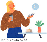 Modern digital payment system for client in restaurants. Girl pays for order in cafe. Woman using online banking app. Program for payment in foreign currency. Customer paying bill with NFC technology. Digital payment system for client in restaurants. Girl pays for order in cafe using NFC technology. Стоковая иллюстрация, агентство Ingram Publishing / Фотобанк Лори