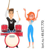 Guy drummer at drum. Brutal man playing with sticks on drums and cymbals flat style design. Talented happy musician, musical show. Musical art concept, member of rock group, music equipment on stage. Guy drummer musician at drum. Brutal man playing with sticks on drums and cymbals, rock music. Стоковая иллюстрация, агентство Ingram Publishing / Фотобанк Лори