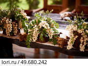 Wedding decoration in the Slavic style. Flower arrangements in stumps and snags. Стоковое фото, фотограф Галина Федосеева / Фотобанк Лори