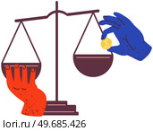 Weighing gold coin concept. Scales for measuring weight of money isolated on white background. Hands put pennies on scales. Real weight and value of gold dollar coins. Person weighs finances.. Hands put pennies on scales. Real weight and value of gold dollar coins. Weighing money concept. Стоковая иллюстрация, агентство Ingram Publishing / Фотобанк Лори