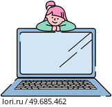 Lady on portable personal computer. Girl uses smart screen device with keyboard. Technology item, graphic device, laptop vector illustration. Woman on monitor of electronic equipment for work or study. Lady on portable personal computer. Girl uses smart screen electronic device with keyboard, laptop. Стоковая иллюстрация, агентство Ingram Publishing / Фотобанк Лори