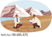 People exploring nature, analyze soil. Researchers take samples of biomaterial. Environmental and ecology research. Scientists conduct ecological experiment. Explorers work in forest or lake. People exploring nature, soil. Scientists conduct ecological experiment. Explorers work on lake. Стоковая иллюстрация, агентство Ingram Publishing / Фотобанк Лори