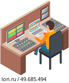 Man working with electronic device, music mixer. Equipment for musician. Volume console to create music. Sound technician monitors audio with stereo system. Work on sound controller concept. Man working with electronic device, music mixer. Sound technician monitors audio with stereo system. Стоковая иллюстрация, агентство Ingram Publishing / Фотобанк Лори