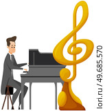 Pianist sitting at piano in black attire, hand over keys. Artist performing, making live music. Man plays musical instrument during concert. Male character performs song on piano near gold treble clef. Man performs song on piano near gold treble clef. Artist making live music with musical instrument. Стоковая иллюстрация, агентство Ingram Publishing / Фотобанк Лори