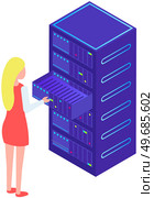 Database center info storage, datacenter with modern innovation and systems station. System administrator near server, equipment, industrial device. Woman working with computer to run service software. Database center info storage. System administrator near server, equipment, industrial device. Стоковая иллюстрация, агентство Ingram Publishing / Фотобанк Лори