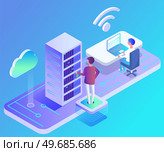 Database center info storage, datacenter with modern innovation and systems station. Man working with computer to run service software. System administrator near server, equipment, industrial device. System administrator near server, industrial device. Database center info storage, datacenter. Стоковая иллюстрация, агентство Ingram Publishing / Фотобанк Лори
