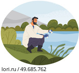 Man exploring nature, analyzing river water. Researcher takes samples of biomaterial. Environmental and ecology research. Scientist conducts ecological experiment. Explorers work with water in lake. Man exploring nature, analyzing river water. Researcher takes samples of biomaterial for research. Стоковая иллюстрация, агентство Ingram Publishing / Фотобанк Лори