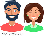 Positive face expression of young man. Girl with emotion of happiness, joy. Cheerful, joyful face of people character. Happy smiling family vector illustration. Expressing human emotion concept. Positive face expression of young family. Cheerful, joyful people with emotion of happiness, joy. Стоковая иллюстрация, агентство Ingram Publishing / Фотобанк Лори