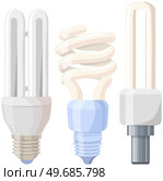 Set of light bulbs and lamps. Electric LEDs and incandescent lamps or energy-saving lighting fixtures. Light bulbs with different base shapes. Electrical appliances for creating interior light. Set of light bulbs. Electric LEDs and incandescent lamps. Electrical appliances for lighting. Стоковая иллюстрация, агентство Ingram Publishing / Фотобанк Лори
