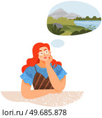 Woman dream about traveling. Lady thinking about vacation, beach resort, rest on lake shore. Thoughtful girl dreaming about future travel to river. Pensive dreamer with thought of trip to nature. Woman dream about traveling. Lady thinking about vacation, beach resort, rest on lake shore. Стоковая иллюстрация, агентство Ingram Publishing / Фотобанк Лори