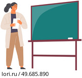 Woman in lab coat stands near blackboard. Teacher conducts chemistry lesson for students. Science, education, study of chemistry at school or university concept. Scientist talks about science in class. Woman scientist in lab coat stands near blackboard. Teacher conducts chemistry, science lesson. Стоковая иллюстрация, агентство Ingram Publishing / Фотобанк Лори