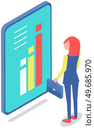 Analytics and development statistics. Web analysis measure, product testing technology. Woman analyses digital report. Statistical indicators and data on diagram. Graphic information visualization. Woman analyses digital report with statistics. Statistical indicators and data on diagram. Стоковая иллюстрация, агентство Ingram Publishing / Фотобанк Лори