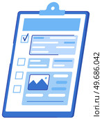Checklist with results of social surveys, customer data. Clipboard with document, target. Targeted advertising, business marketing concept. Form with survey, paper sheet with results of review. Checklist with results of social surveys, customer data. Clipboard with document. Form with survey. Стоковая иллюстрация, агентство Ingram Publishing / Фотобанк Лори