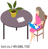 Woman sitting at home or office at table and browsing or working on laptop at her laps. Flat style female character with computer. Freelance, online education or social media concept, social media. Woman sitting at home or office at table and browsing or working on laptop computer at her laps. Стоковая иллюстрация, агентство Ingram Publishing / Фотобанк Лори