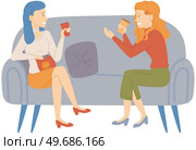 Smiling friends drinking tea at home Happy women laughing and gossiping sit on comfortable couch. People spending time together having friendly conversation. Female characters relax and communicate. Smiling friends drinking tea and talking at home Happy women laughing and gossiping sit on couch. Стоковая иллюстрация, агентство Ingram Publishing / Фотобанк Лори