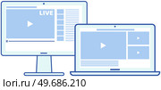 Remote broadcast program for computer. Internet video live communication with followers and subscribers. Website for blogging, streaming online. Video recording live broadcast, stream, vlog on screen. Video recording live broadcast, stream, vlog on screen. Internet communication with followers app. Стоковая иллюстрация, агентство Ingram Publishing / Фотобанк Лори