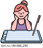 Woman using digital pencil or stylus pen. Portrait of girl drawing on tablet. Lady working with electronic device to create graphic design. Female designer creates new project, freelance work. Lady working with tablet to create graphic design. Woman using digital pencil or stylus pen. Стоковая иллюстрация, агентство Ingram Publishing / Фотобанк Лори