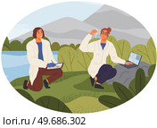 Man exploring nature, analyzing river water. Researcher takes samples of biomaterial. Environmental and ecology research. Scientist conducts ecological experiment. Explorers work with water in lake. Man exploring nature, analyzing river water. Researcher takes samples of biomaterial for research. Стоковая иллюстрация, агентство Ingram Publishing / Фотобанк Лори