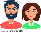 Negative person frowning face upset people. Family with emotion of indignation, calmness. Displeased face of female character. Unhappy man vector illustration. Expressing human emotion, discontent. Negative person frowning face upset people. Family with emotion of indignation, calmness expression. Стоковая иллюстрация, агентство Ingram Publishing / Фотобанк Лори