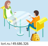 Two people drinking coffee cups at outdoor cafe table. Couple on date in cafe or coffee shop. Man and woman spend time together and drink in establishment. Rest in restaurant with hot drinks. Couple on date in cafe or coffee shop. Man and woman spend time together and drink in restaurant. Стоковая иллюстрация, агентство Ingram Publishing / Фотобанк Лори