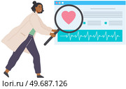 Doctor or nurse analysing medical history of patient or test results. Cardiology diagnostic, medical research, cardiogram, board with pulse. Woman with magnifyer looks at result of heart cardiogram. Woman cardiologist with magnifyer looks heart cardiogram. Doctor or nurse analysing research results. Стоковая иллюстрация, агентство Ingram Publishing / Фотобанк Лори