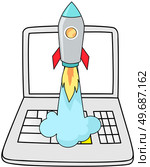 Rocket, startup symbol on laptop. Start of project, launch new plan, work with computer concept. Planning strategy, launching idea with digital technology. Work with online business development. Rocket, startup symbol on laptop. Start of project, launch new plan, work with computer concept. Стоковая иллюстрация, агентство Ingram Publishing / Фотобанк Лори