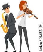Diverse jazz duet with beautiful female singer sings song. Group of musicians playing by musical instrument saxophone performing on stage. Hobbies and profession, stage artists, classical concert. Diverse jazz duet with beautiful female singer sings song. Group of musicians playing by saxophone. Стоковая иллюстрация, агентство Ingram Publishing / Фотобанк Лори