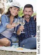 couple chinking wine glasses during picnic. Стоковое фото, агентство Ingram Publishing / Фотобанк Лори