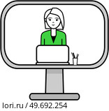 Webinar online training education concept vector distance learning e-learning conference chat. Communication, meeting, online class, dialog, conversation on online forum, female teacher leads seminar. Webinar online training education concept vector distance learning e-learning conference chat. Стоковая иллюстрация, агентство Ingram Publishing / Фотобанк Лори