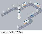 Car moves along road of city with public transport stop with solar panels on roof. Modern smart town concept. Automobile driving on highway. Renewable energy technologies with green electricity. Car moves along road of city with public transport stop with solar panels on roof. Modern smart town. Стоковая иллюстрация, агентство Ingram Publishing / Фотобанк Лори