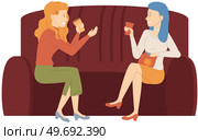 Smiling friends drinking tea at home Happy women laughing and gossiping sit on comfortable couch. People spending time together having friendly conversation. Female characters relax and communicate. Smiling friends drinking tea and talking at home Happy women laughing and gossiping sit on couch. Стоковая иллюстрация, агентство Ingram Publishing / Фотобанк Лори