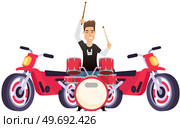 Guy drummer at drum. Brutal man playing with sticks on drums and cymbals flat style design. Talented happy musician, musical show. Musical art concept, rock music equipment, motorcycle on stage. Guy drummer musician at drum. Brutal man playing with sticks on drums and cymbals, rock music. Стоковая иллюстрация, агентство Ingram Publishing / Фотобанк Лори