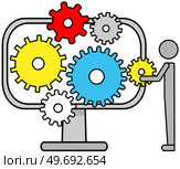 Technical support, computer service concept. Gear icons on monitor screen, equipment setup. Program for working with software or maintenance of electronic device. Installation of technology settings. Technical support, computer service concept. Gear icons on monitor screen, equipment setup. Стоковая иллюстрация, агентство Ingram Publishing / Фотобанк Лори