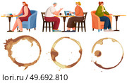 Composition of coffee or tea stains, splashes, drops. People at table in cafe or restaurant. Trace from drink and characters eating in establishment vector illustration. Spending time in coffee shop. Composition of coffee or tea stains, splashes and drops. People eating a in cafe or restaurant. Стоковая иллюстрация, агентство Ingram Publishing / Фотобанк Лори
