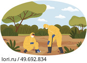 People in uniform explore nature, ground. Researchers take samples of biomaterial. Environmental and ecology research. Scientists in protective clothes conduct ecological experiment in forest or park. Scientists in protective clothes conduct ecological experiment, take samples in forest or park. Стоковая иллюстрация, агентство Ingram Publishing / Фотобанк Лори