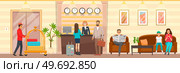 People traveling and staying at hotel with luggage. Happy holiday vacation, recreation concept. Tourist at reception counter. Set of hotel daily routine scenes. Facility staff services visitors, helps. Set of hotel daily routine scenes. Tourist at reception counter, living room, doorman during work. Стоковая иллюстрация, агентство Ingram Publishing / Фотобанк Лори