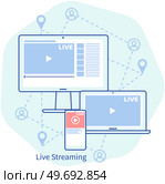Remote broadcast program for computer. Internet video live communication with followers and subscribers. Website for blogging, streaming online. Video recording live broadcast, stream, vlog on screen. Video recording live broadcast, stream, vlog on screen. Internet communication with followers app. Стоковая иллюстрация, агентство Ingram Publishing / Фотобанк Лори