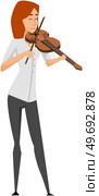 Musician playing violin. Girl violinist play classical musical instrument standing on white background. Vector illustration street musician passionate about music and notes, classical orchestra artist. Musician playing violin. Girl violinist play classical musical instrument stands on white background. Стоковая иллюстрация, агентство Ingram Publishing / Фотобанк Лори