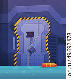 Futuristic hallway with broken combination lock panel elevator doors at night. Cartoon empty dark lobby with broken lifts and fire extinguisher. Destroyed science laboratory, explosion or emergency. Futuristic hallway with broken combination lock panel elevator doors at night. Broken lifts. Стоковая иллюстрация, агентство Ingram Publishing / Фотобанк Лори