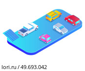 Automobiles of different shapes and colors in shopping mall parking. Sports car, convertible, suv, hatchback icons. Vehicle, means of transportation in city and nature. Types of passenger cars. Automobiles of different shapes and colors in shopping mall parking. Sports car, convertible, suv, hatchback icons. Стоковая иллюстрация, агентство Ingram Publishing / Фотобанк Лори