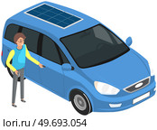 Sale of new car. Seller at automobile showroom shows vehicle. Man stands at blue sedan isolated on white. Buying selling renting auto. Car dealership manager car transport business exhibition in salon. Sale of new car. Seller at automobile showroom shows vehicle. Man standing at blue transport. Стоковая иллюстрация, агентство Ingram Publishing / Фотобанк Лори